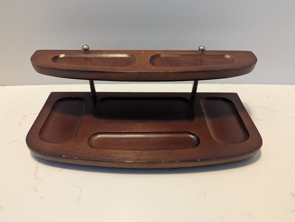 Vintage MCM Men's Dresser Valet Desk Organizer Tray Dark Wood 2 Tier Taiwan